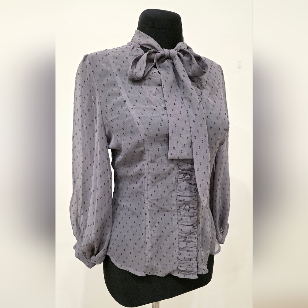 Yes Or No Vintage Chic Sheer Gray Blouse with Bow M